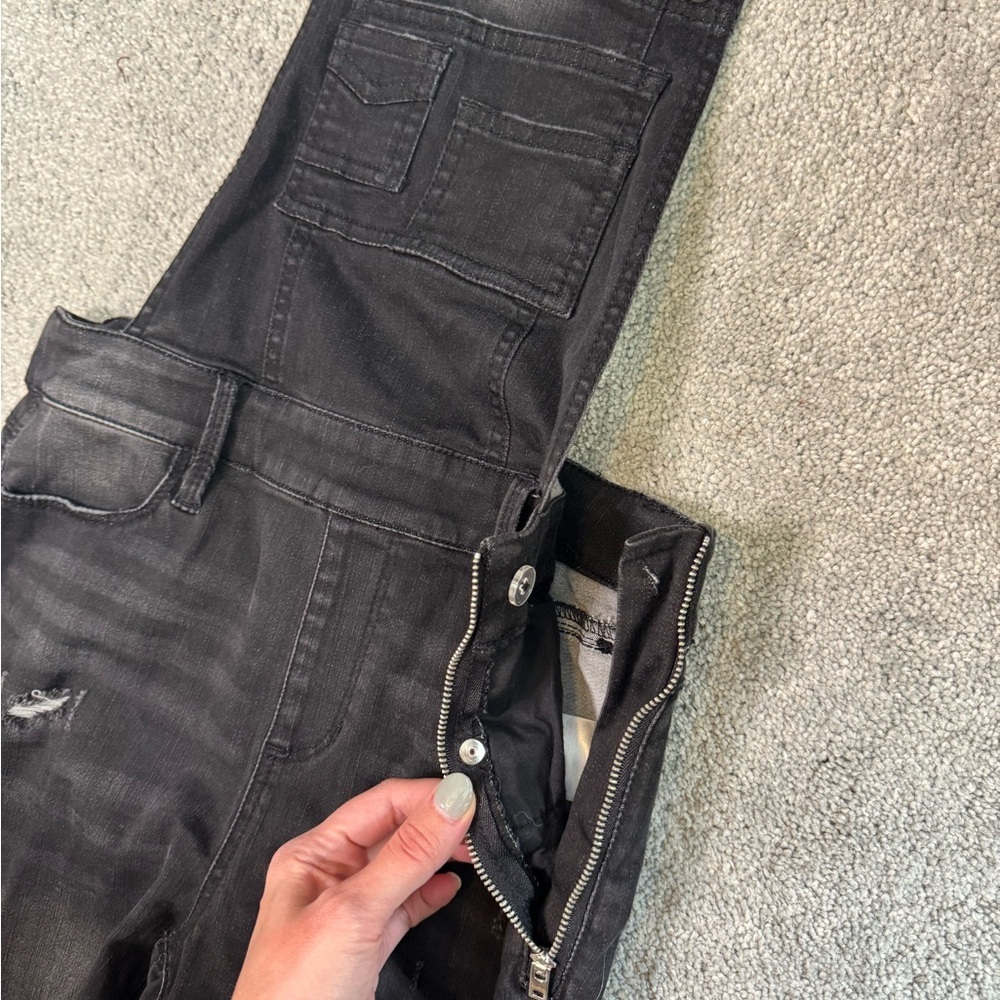 bebe Black Distressed Stretch Skinny Overall Jeans - Picture 3 of 6